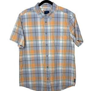prAna Mens Large Plaid Short Sleeve Button Down Shirt Orange Grey Outoor